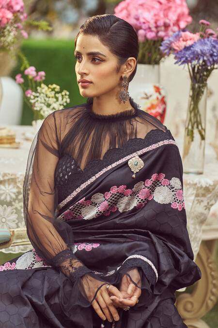 Buy_Kasturi Kundal_Black Silk Embroidery Lady Jessica Meenakari Saree With Unstitched Blouse Piece _Online_at_Aza_Fashions