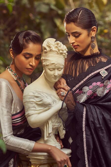 Shop_Kasturi Kundal_Black Silk Embroidery Lady Jessica Meenakari Saree With Unstitched Blouse Piece _Online_at_Aza_Fashions