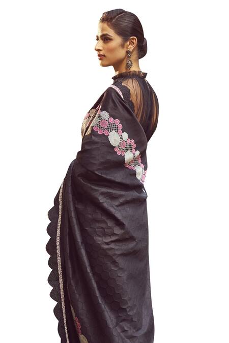 Kasturi Kundal_Black Silk Embroidery Lady Jessica Meenakari Saree With Unstitched Blouse Piece _at_Aza_Fashions