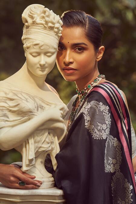 Kasturi Kundal Black Silk Zari Anne Frank Handloom Saree With Unstitched Blouse Piece Online at Aza Fashions Kasturi Kundal_Black Silk Zari Anne Frank Handloom Saree With Unstitched Blouse Piece _Online_at_Aza_Fashions