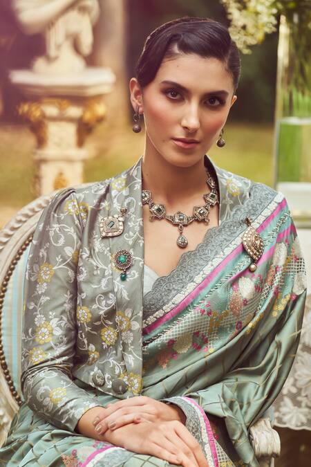 Kasturi Kundal_Green Silk Embroidery, Jane Eyre Handloom Saree With Unstitched Blouse Piece _Online_at_Aza_Fashions