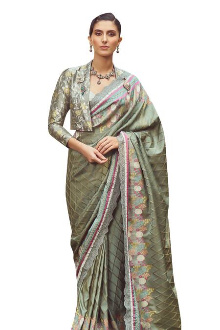 Buy_Kasturi Kundal_Green Silk Embroidery, Jane Eyre Handloom Saree With Unstitched Blouse Piece _Online_at_Aza_Fashions