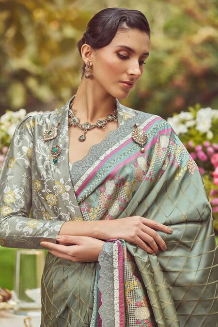 Shop_Kasturi Kundal_Green Silk Embroidery, Jane Eyre Handloom Saree With Unstitched Blouse Piece _Online_at_Aza_Fashions