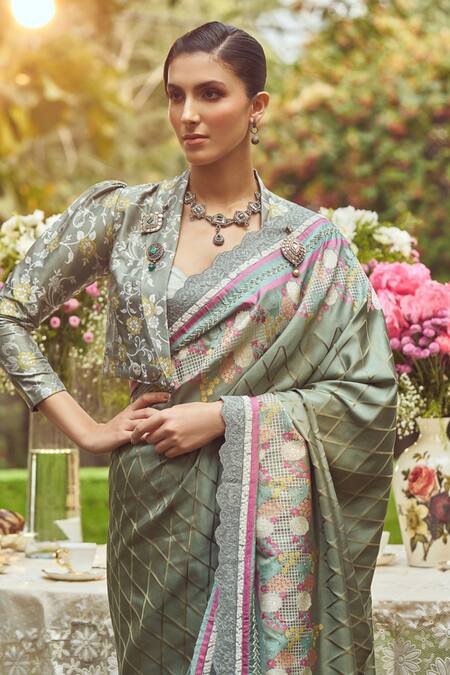 Kasturi Kundal_Green Silk Embroidery, Jane Eyre Handloom Saree With Unstitched Blouse Piece _at_Aza_Fashions