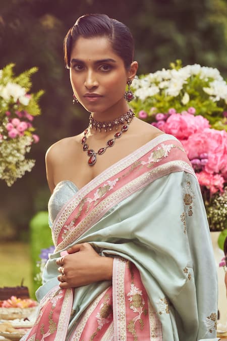 Kasturi Kundal_Green Silk Embroidery, Zari Estella Handloom Saree With Unstitched Blouse Piece _Online_at_Aza_Fashions