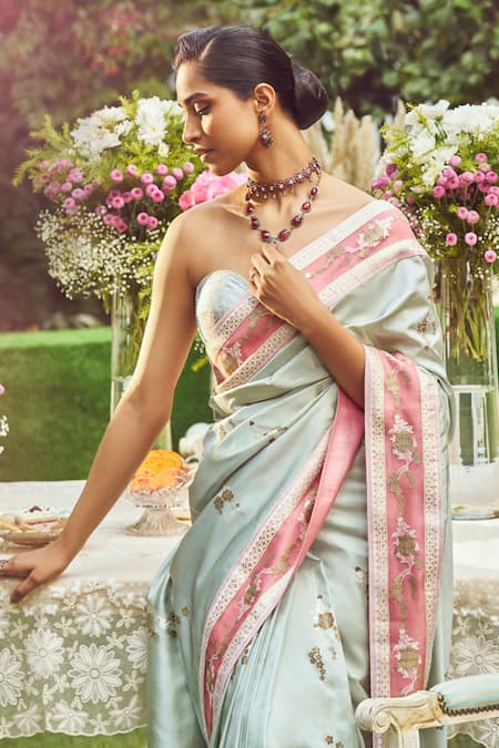 Buy_Kasturi Kundal_Green Silk Embroidery, Zari Estella Handloom Saree With Unstitched Blouse Piece _Online_at_Aza_Fashions