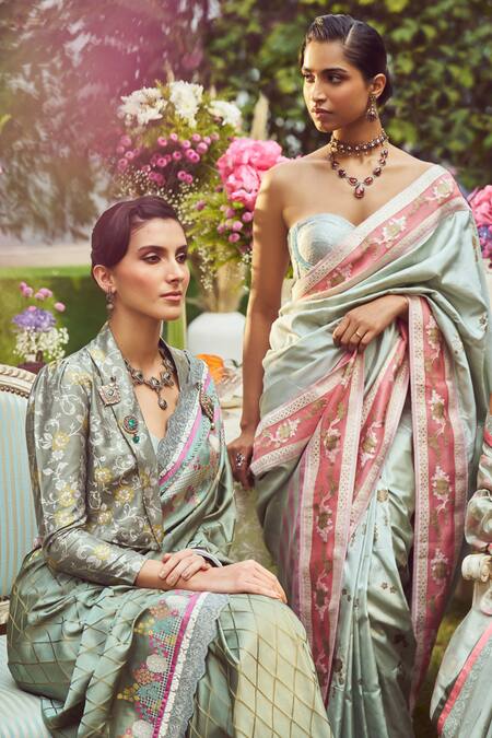 Shop_Kasturi Kundal_Green Silk Embroidery, Zari Estella Handloom Saree With Unstitched Blouse Piece _Online_at_Aza_Fashions