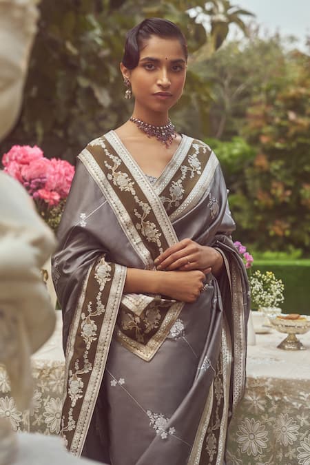 Kasturi Kundal_Grey Silk Zari, Embroidery Estella Handloom Saree With Unstitched Blouse Piece _Online_at_Aza_Fashions