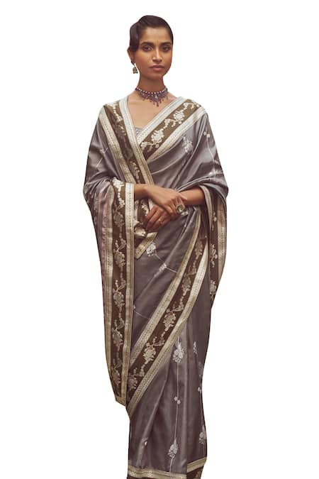 Buy_Kasturi Kundal_Grey Silk Zari, Embroidery Estella Handloom Saree With Unstitched Blouse Piece _Online_at_Aza_Fashions