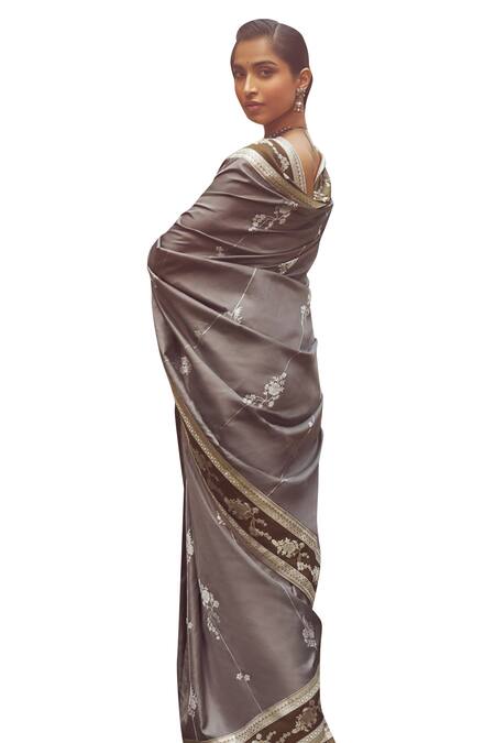 Shop_Kasturi Kundal_Grey Silk Zari, Embroidery Estella Handloom Saree With Unstitched Blouse Piece _Online_at_Aza_Fashions