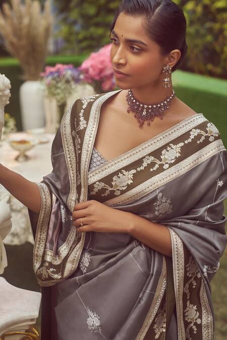 Kasturi Kundal_Grey Silk Zari, Embroidery Estella Handloom Saree With Unstitched Blouse Piece _at_Aza_Fashions