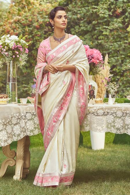 Kasturi Kundal_Ivory Silk Lady Chatterley Handloom Saree With Unstitched Blouse Piece_Online_at_Aza_Fashions