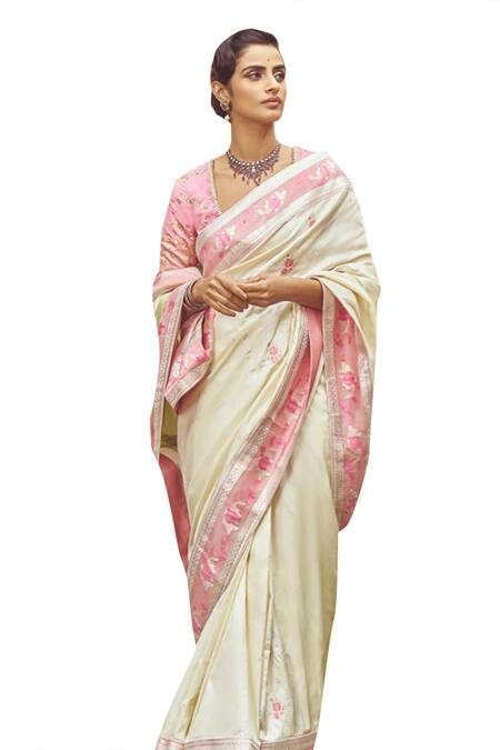 Buy_Kasturi Kundal_Ivory Silk Lady Chatterley Handloom Saree With Unstitched Blouse Piece_Online_at_Aza_Fashions