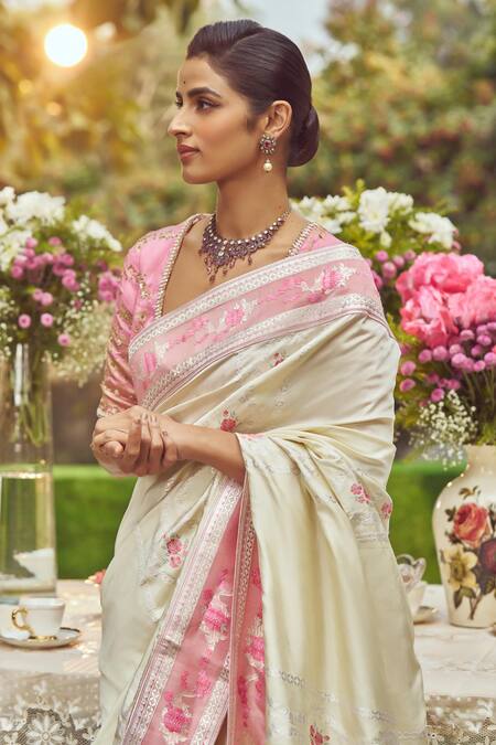 Shop_Kasturi Kundal_Ivory Silk Lady Chatterley Handloom Saree With Unstitched Blouse Piece_Online_at_Aza_Fashions