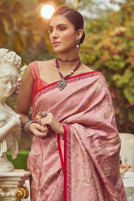 Buy_Kasturi Kundal_Pink Silk Sequins, Beads Florence Handloom Saree With Unstitched Blouse Piece _Online_at_Aza_Fashions