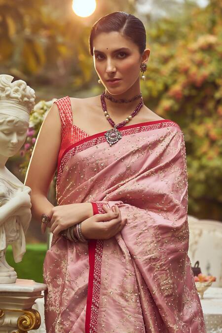 Shop_Kasturi Kundal_Pink Silk Sequins, Beads Florence Handloom Saree With Unstitched Blouse Piece _Online_at_Aza_Fashions