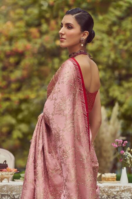 Kasturi Kundal_Pink Silk Sequins, Beads Florence Handloom Saree With Unstitched Blouse Piece _at_Aza_Fashions