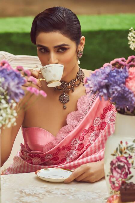 Buy_Kasturi Kundal_Pink Silk Pearls Lady Jessica Handloom Saree With Unstitched Blouse Piece _Online_at_Aza_Fashions