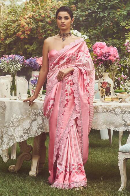 Shop_Kasturi Kundal_Pink Silk Pearls Lady Jessica Handloom Saree With Unstitched Blouse Piece _Online_at_Aza_Fashions