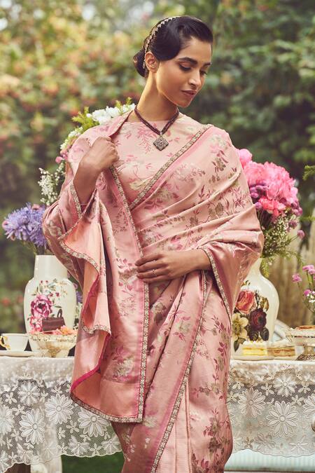 Buy_Kasturi Kundal_Pink Silk Zari Madam Bovary Handloom Saree With Unstitched Blouse Piece _Online_at_Aza_Fashions