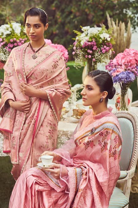 Shop_Kasturi Kundal_Pink Silk Zari Madam Bovary Handloom Saree With Unstitched Blouse Piece _Online_at_Aza_Fashions