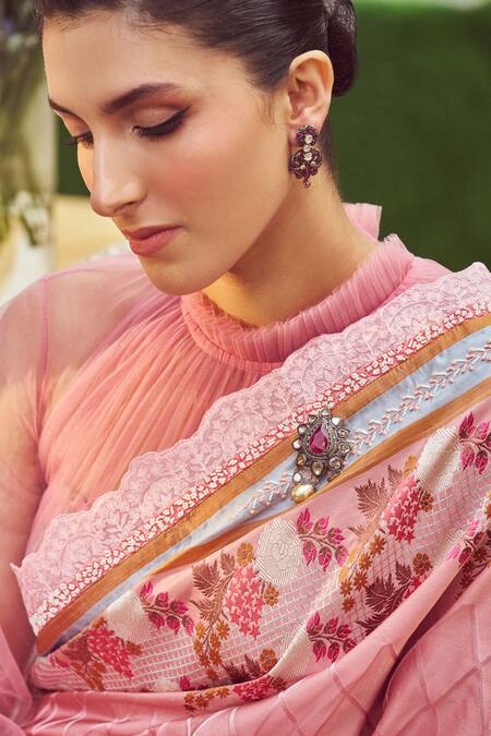 Buy_Kasturi Kundal_Pink Silk Embroidery Jane Eyre Handloom Saree With Unstitched Blouse Piece _Online_at_Aza_Fashions