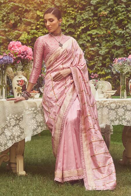Kasturi Kundal_Pink Silk Juan Of Arc Zari Handloom Saree With Unstitched Blouse Piece _Online_at_Aza_Fashions