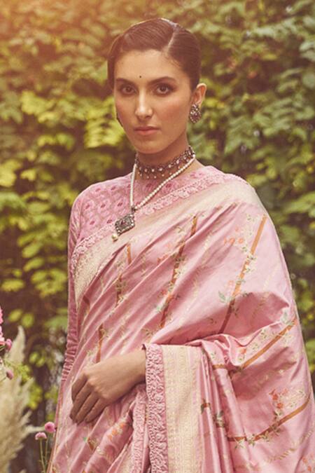 Buy_Kasturi Kundal_Pink Silk Juan Of Arc Zari Handloom Saree With Unstitched Blouse Piece _Online_at_Aza_Fashions