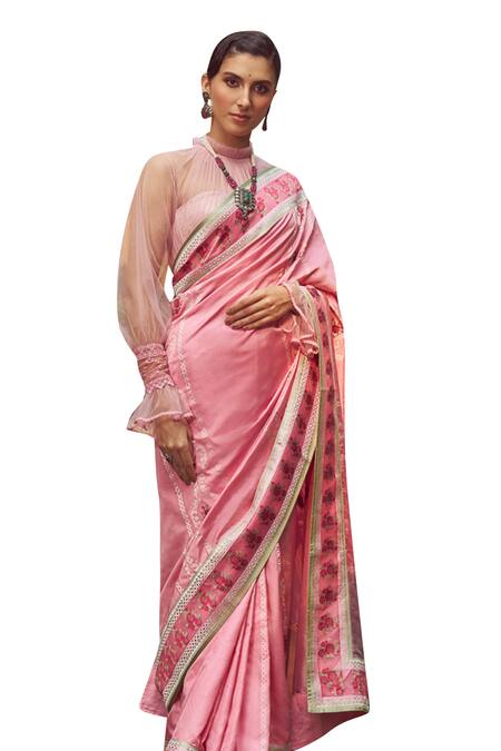 Kasturi Kundal_Pink Silk Lady Chatterley Meenakari Saree With Unstitched Blouse Piece _Online_at_Aza_Fashions