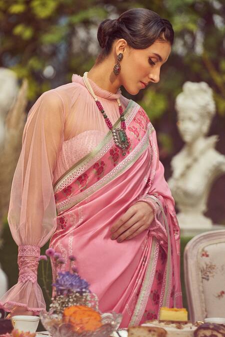Buy_Kasturi Kundal_Pink Silk Lady Chatterley Meenakari Saree With Unstitched Blouse Piece _Online_at_Aza_Fashions