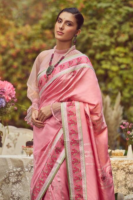 Shop_Kasturi Kundal_Pink Silk Lady Chatterley Meenakari Saree With Unstitched Blouse Piece _Online_at_Aza_Fashions