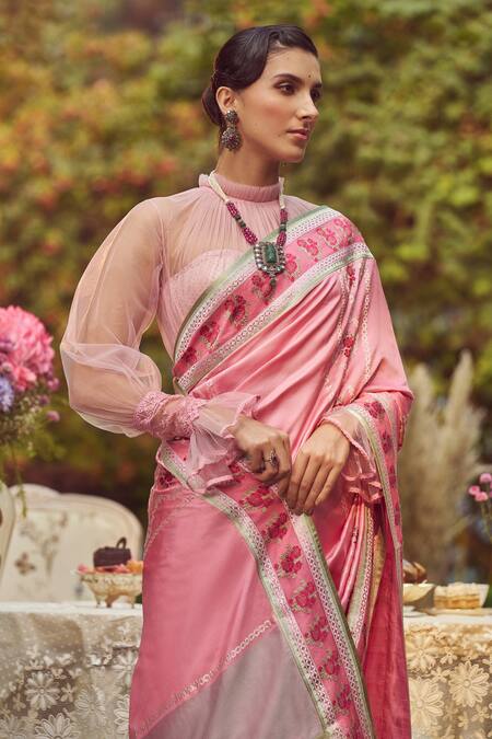 Kasturi Kundal_Pink Silk Lady Chatterley Meenakari Saree With Unstitched Blouse Piece _at_Aza_Fashions