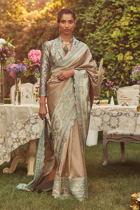 Kasturi Kundal Beige Pure Silk Woven Jane Austen Handloom Saree With Unstitched Blouse Piece 