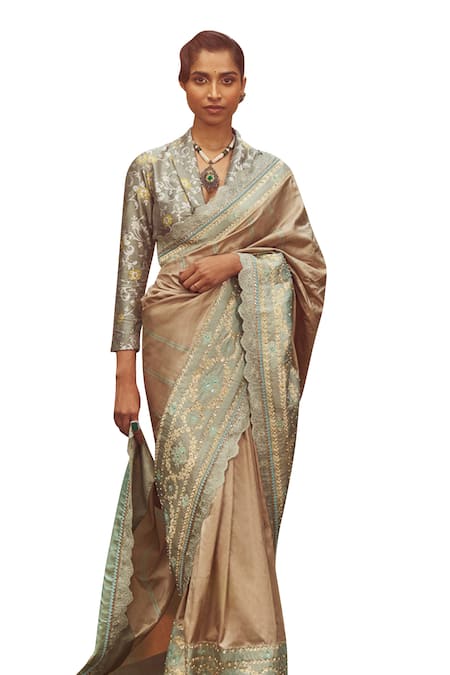 Kasturi Kundal_Beige Silk Embroidery Jane Austen Handloom Saree With Unstitched Blouse Piece _Online_at_Aza_Fashions