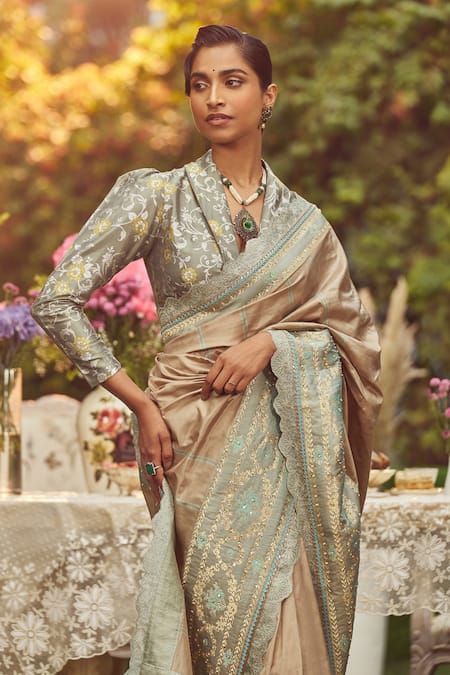 Buy_Kasturi Kundal_Beige Silk Embroidery Jane Austen Handloom Saree With Unstitched Blouse Piece _Online_at_Aza_Fashions
