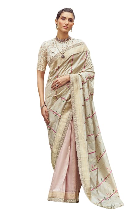 Kasturi Kundal Beige Silk Embroidery Juan Of Arc Saree With Unstitched Blouse Piece Online at Aza Fashions Kasturi Kundal_Beige Silk Embroidery Juan Of Arc Saree With Unstitched Blouse Piece _Online_at_Aza_Fashions