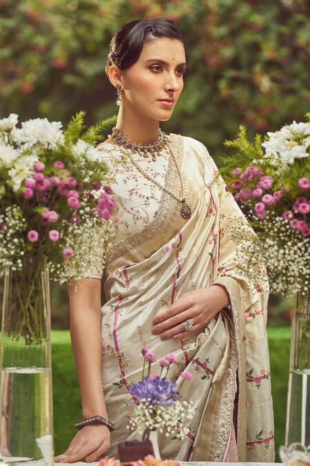 Shop Kasturi Kundal Beige Silk Embroidery Juan Of Arc Saree With Unstitched Blouse Piece Online at Aza Fashions Shop_Kasturi Kundal_Beige Silk Embroidery Juan Of Arc Saree With Unstitched Blouse Piece _Online_at_Aza_Fashions