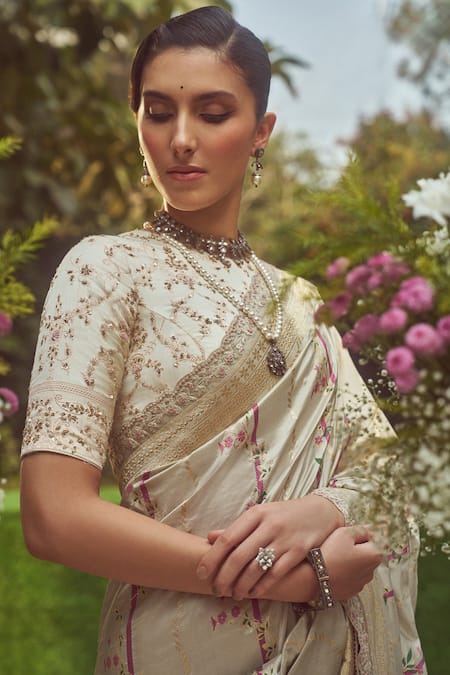 Kasturi Kundal Beige Silk Embroidery Juan Of Arc Saree With Unstitched Blouse Piece at Aza Fashions Kasturi Kundal_Beige Silk Embroidery Juan Of Arc Saree With Unstitched Blouse Piece _at_Aza_Fashions