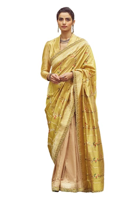 Kasturi Kundal_Yellow Silk Embroidery Juan Of Arc Handloom Saree With Unstitched Blouse Piece _Online_at_Aza_Fashions