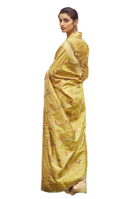 Buy_Kasturi Kundal_Yellow Silk Embroidery Juan Of Arc Handloom Saree With Unstitched Blouse Piece _Online_at_Aza_Fashions