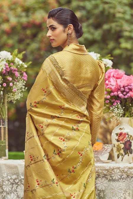 Shop_Kasturi Kundal_Yellow Silk Embroidery Juan Of Arc Handloom Saree With Unstitched Blouse Piece _Online_at_Aza_Fashions