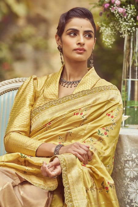 Kasturi Kundal_Yellow Silk Embroidery Juan Of Arc Handloom Saree With Unstitched Blouse Piece _at_Aza_Fashions