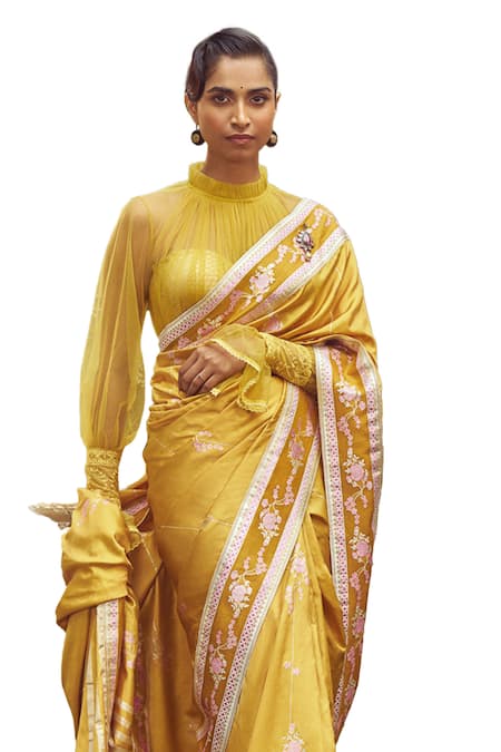 Kasturi Kundal_Yellow Silk Embroidery Estella Zari Saree With Unstitched Blouse Piece _Online_at_Aza_Fashions