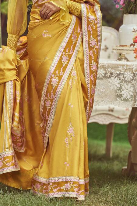Buy_Kasturi Kundal_Yellow Silk Embroidery Estella Zari Saree With Unstitched Blouse Piece _Online_at_Aza_Fashions