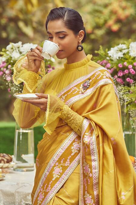 Shop_Kasturi Kundal_Yellow Silk Embroidery Estella Zari Saree With Unstitched Blouse Piece _Online_at_Aza_Fashions
