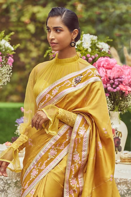 Kasturi Kundal_Yellow Silk Embroidery Estella Zari Saree With Unstitched Blouse Piece _at_Aza_Fashions