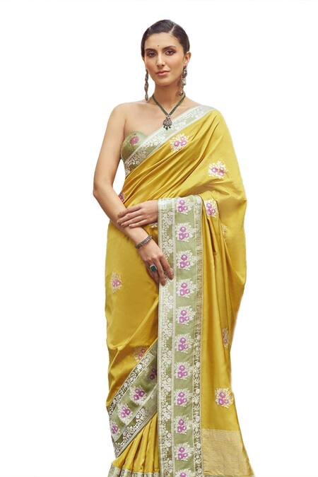 Kasturi Kundal_Yellow Silk Embroidery Angelica Zari Saree With Unstitched Blouse Piece _Online_at_Aza_Fashions