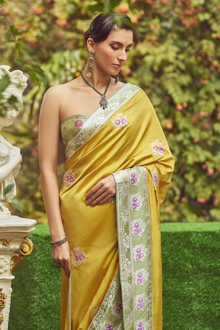 Buy_Kasturi Kundal_Yellow Silk Embroidery Angelica Zari Saree With Unstitched Blouse Piece _Online_at_Aza_Fashions