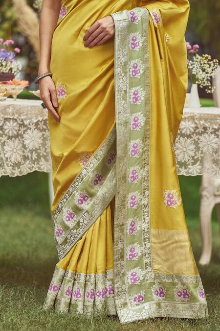Shop_Kasturi Kundal_Yellow Silk Embroidery Angelica Zari Saree With Unstitched Blouse Piece _Online_at_Aza_Fashions