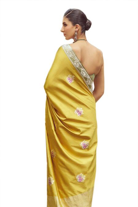 Kasturi Kundal_Yellow Silk Embroidery Angelica Zari Saree With Unstitched Blouse Piece _at_Aza_Fashions
